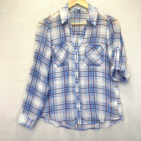 Express Portofino Button Up Shirt Womens Small Blue Plaid Sheer Roll Cuff Blouse - Picture 1 of 13